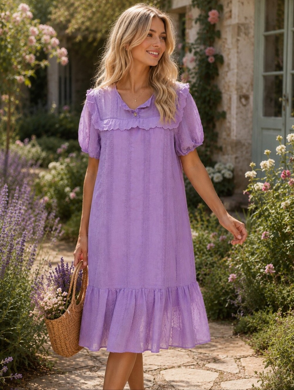 PREM Lavender Lace Cotton Midi Dress Romantic Cottagecore Puff Sleeve Dress M